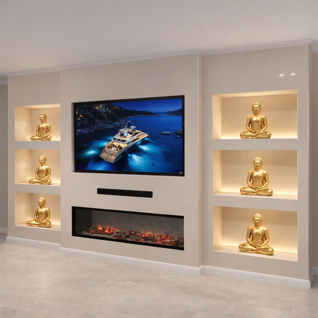 Custom built-in cabinets and shelving in St Petersburg living room with modern finish